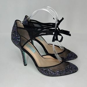 Betsy Johnson Something Blue Black Glitter Stiletto Pumps Heels Womens 7.5